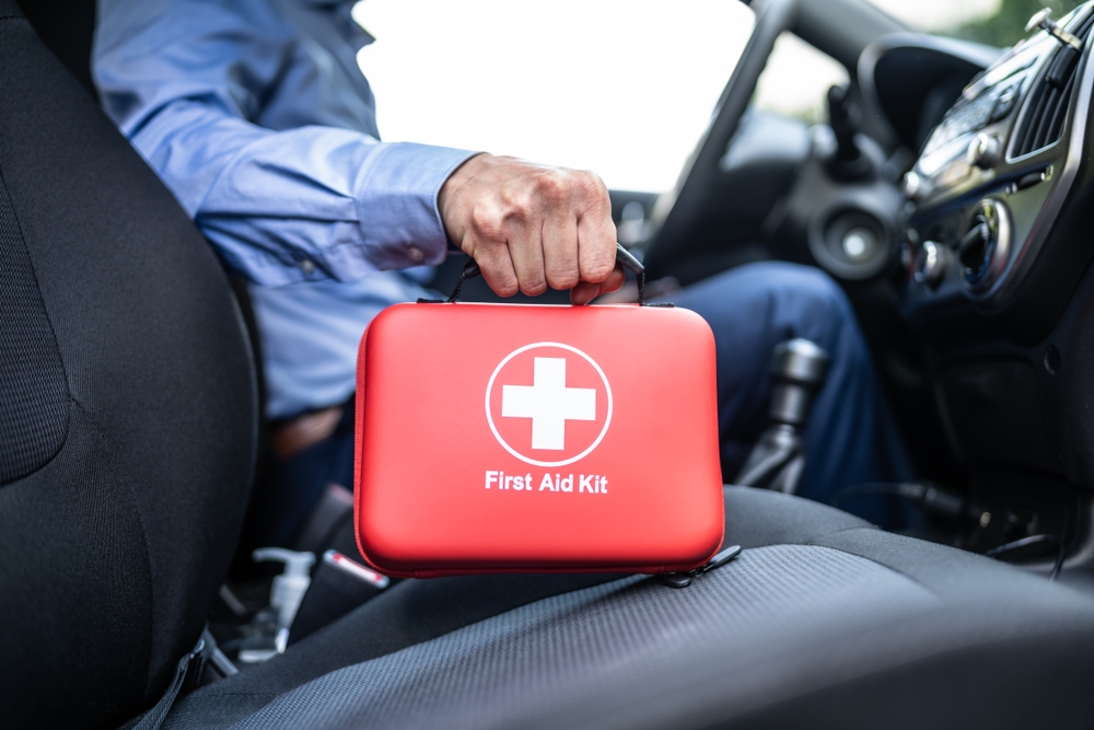 Pet first aid kit open in a car, highlighting emergency preparedness for pet owners