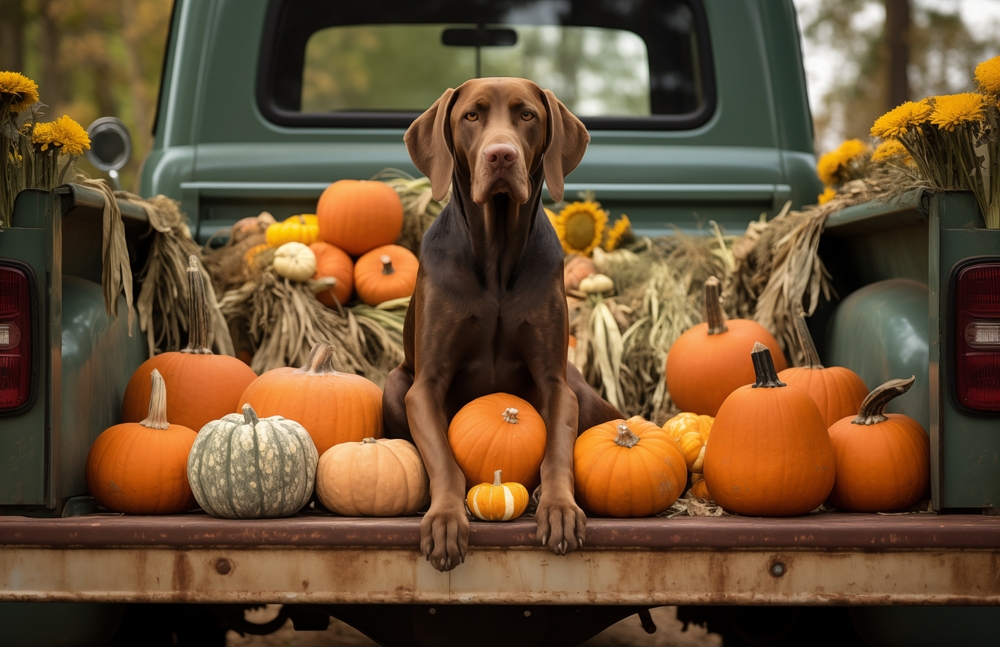 Red dog relaxing in the bed of a pickup truck outdoors